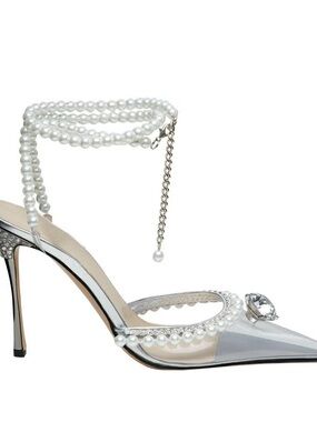 Mach & Mach  Silver Pointed Pearl-Ankle Stiletto Pump